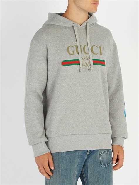 gucci hooded grey cotton sweatshirt with gucci print|Gucci Men's Sweatshirts & Hoodies .